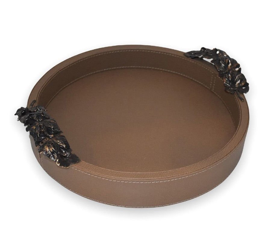 Asma Yapraklı Yuvarlak Deri Tepsi