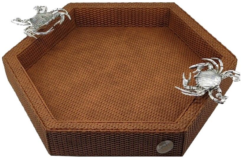 Akik Taşlı Altıgen Yengeçli Kahverengi Deri Tepsi