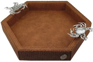 Akik Taşlı Altıgen Yengeçli Kahverengi Deri Tepsi