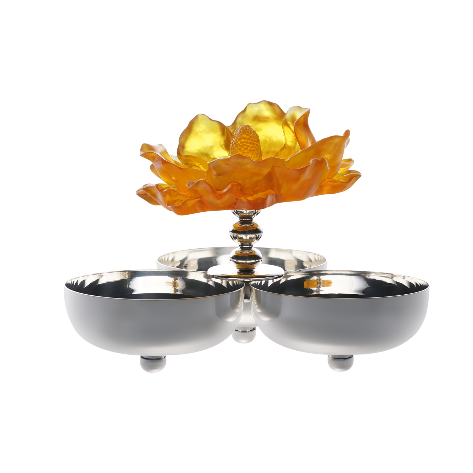 Turuncu Renkli Çiçekli Gümüş Kaplama Üçlü Çerezlik