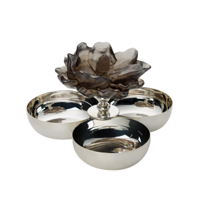 Antrasit Renkli Çiçekli Gümüş Kaplama Üçlü Çerezlik