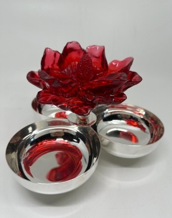 Kırmızı Renkli Çiçekli Gümüş Kaplama Üçlü Çerezlik