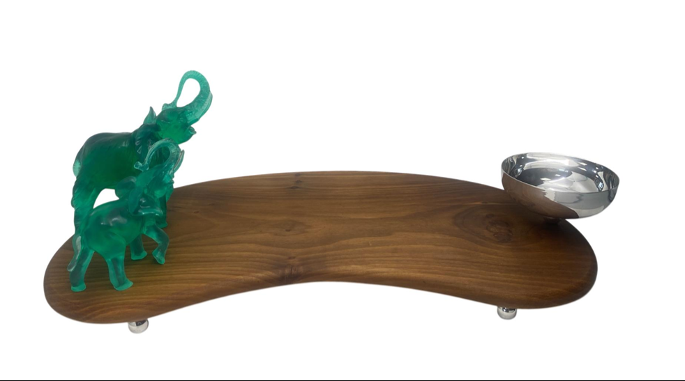 Yeşil Fil Figürlü Gümüş Kaplama Kaseli Ahşap Sunum Tahtası
