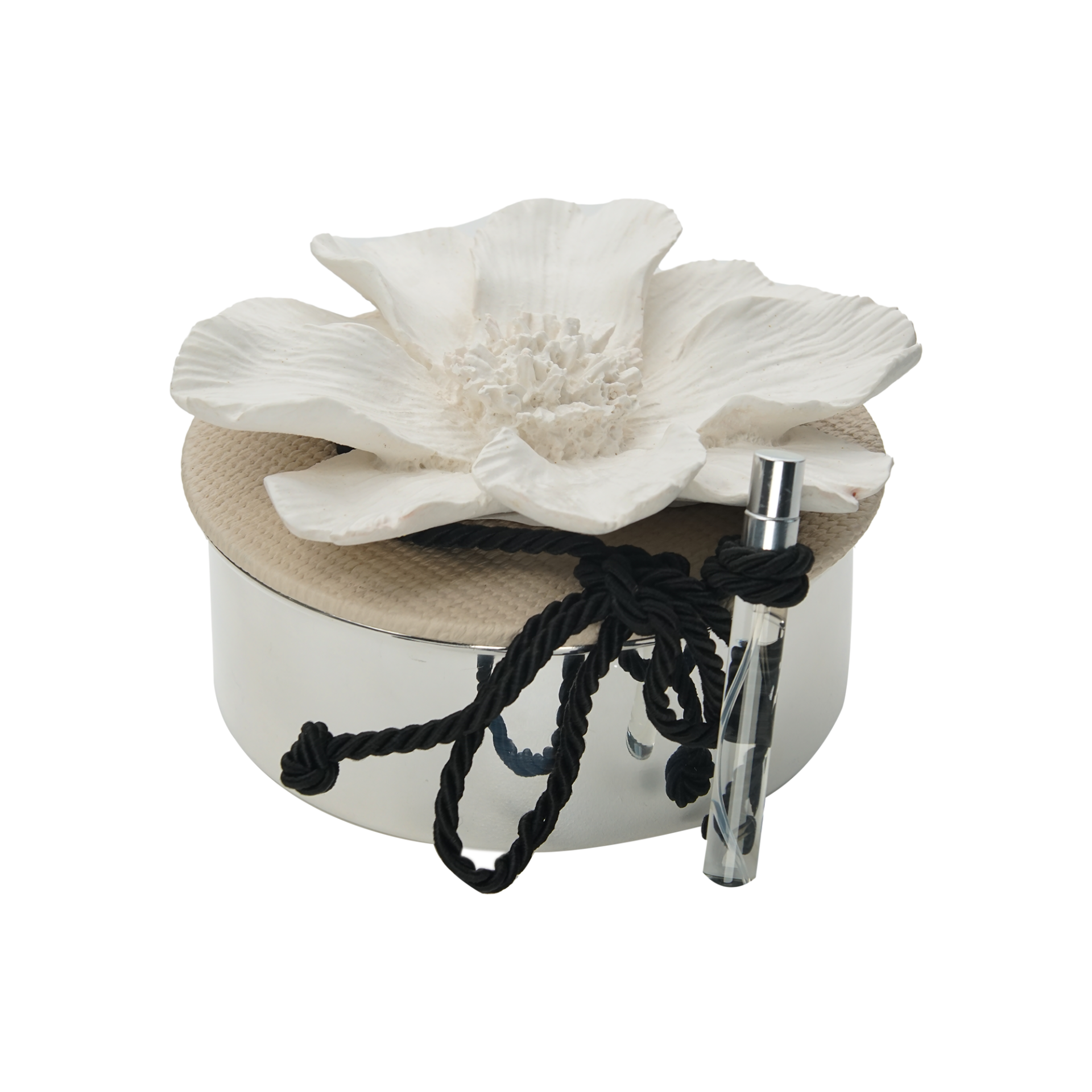 Beyaz Taş Çiçek Deri Kapaklı Antik Kaplama Kokulu Mum (L)