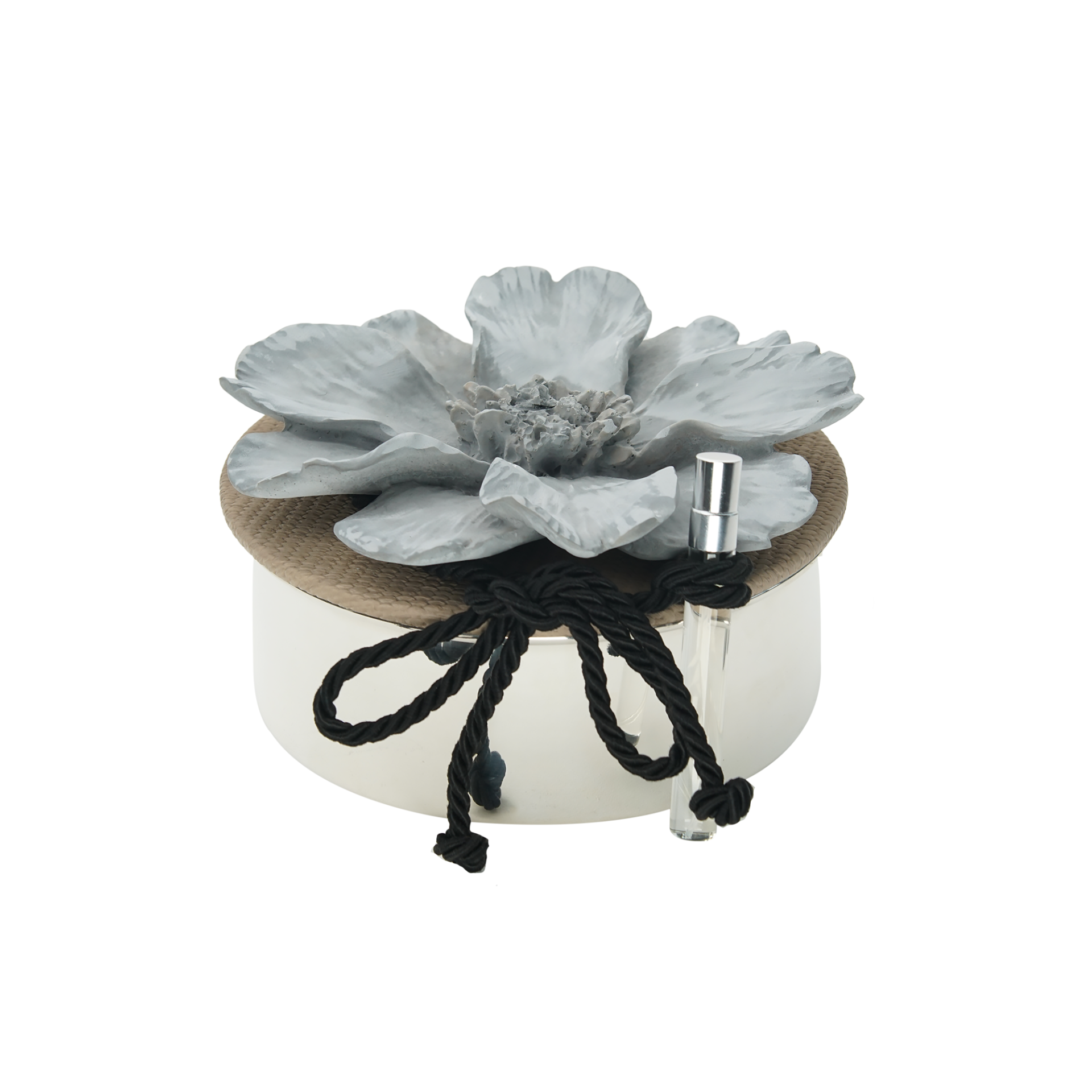 Gri Taş Çiçek Deri Kapaklı Cam Kasede Kokulu Mum