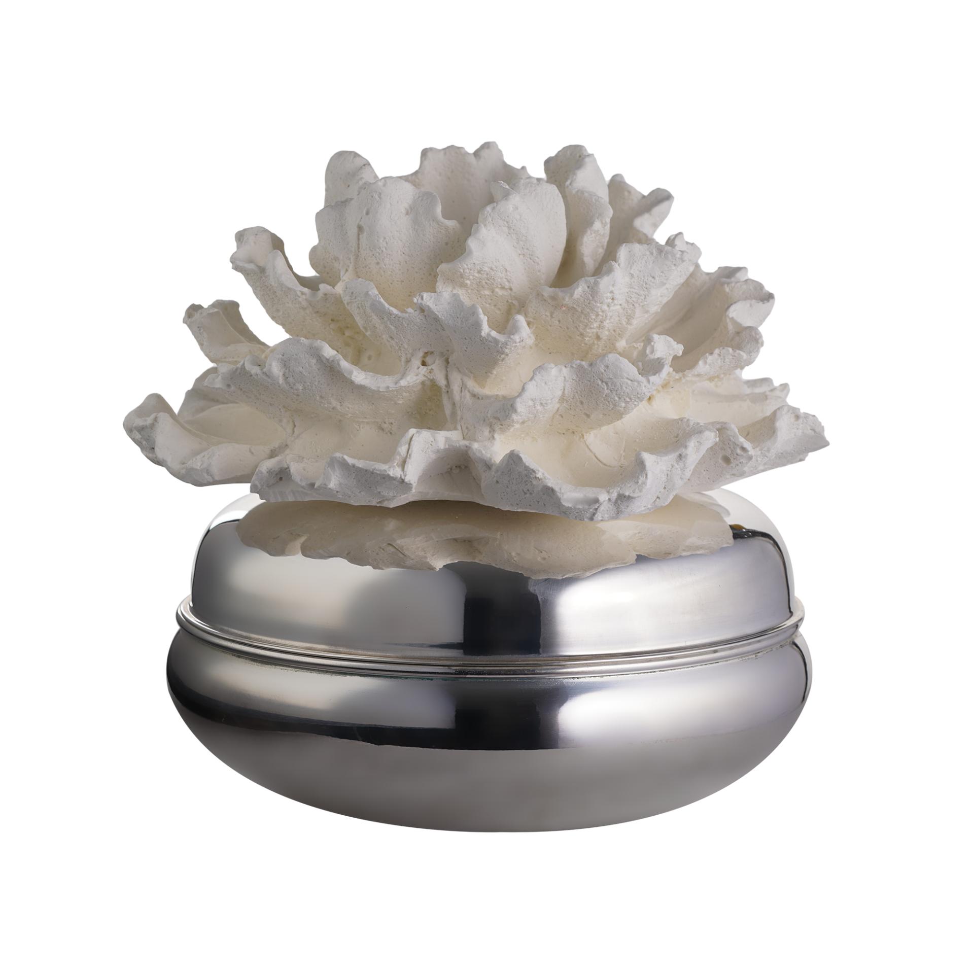 Beyaz Taş Çiçek Kapaklı Gümüş Kaplama Kokulu Mum (L)