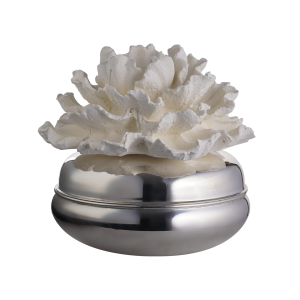 Beyaz Taş Çiçek Kapaklı Gümüş Kaplama Kokulu Mum (L)